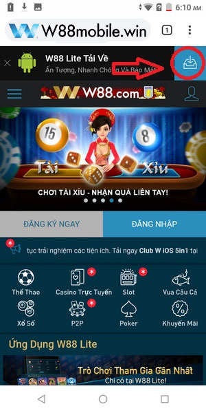 Nhìn lên góc trên và mở menu tải app W88