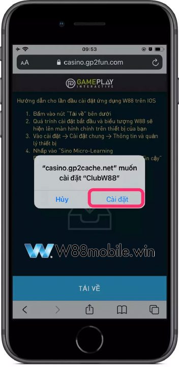 Nhấn vào “Cài đặt” và đợi tải app W88 về máy