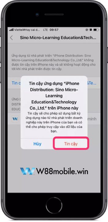 Hãy chọn "Tin Cậy" để hoàn tất việc tải app W88