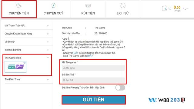 Kiểm tra và nhập mã thẻ game khi nạp tiền W88