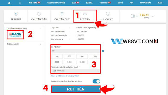 Các bước chuyển tiền từ nhà cái W88 về ngân hàng
