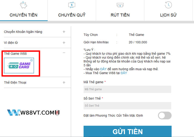 Chọn gửi tiền W88 qua thẻ game