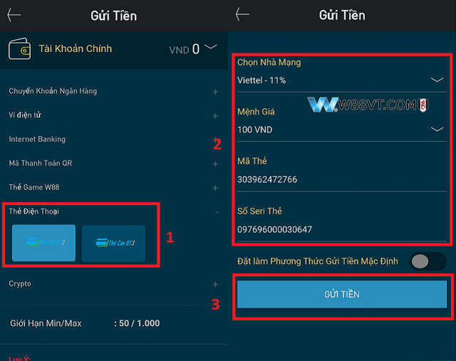 Chọn phương thức gửi tiền W88 với thẻ điện thoại