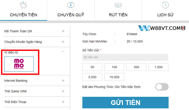 Giao diện nạp tiền cược W88 với momo