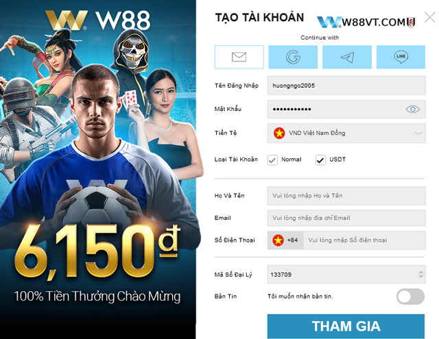 Nhấp vào biểu tượng Telegram hoặc Line trên giao diện W88