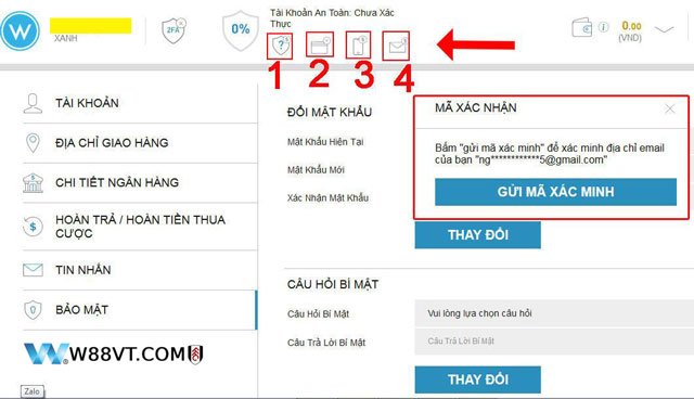 Xác thực tài khoản W88 để nhận 90k