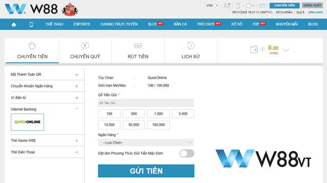Cách nạp tiền W88 qua Internet Banking bảo mật tuyệt đối