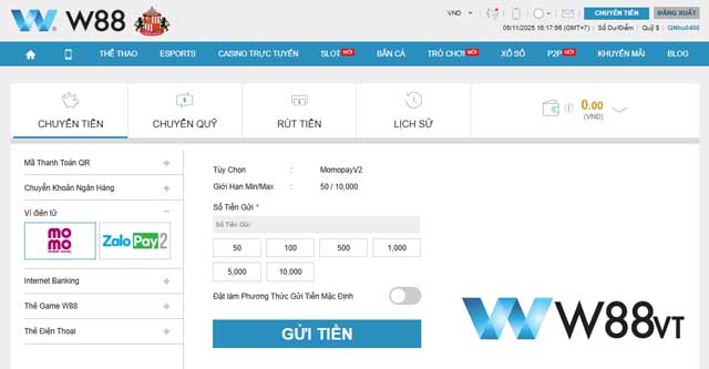 Cách nạp tiền W88 qua ví điện tử (Momo, Zalopay) tốc độ cực nhanh